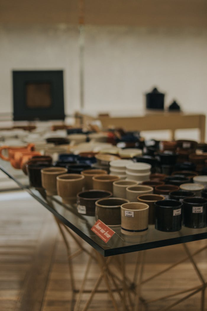A variety of ceramic mugs showcased on a stylish glass table in a home interior setting.