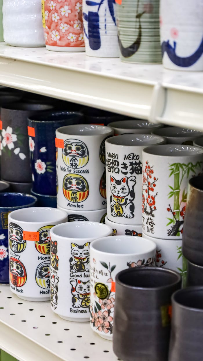 A display of ceramic mugs featuring Japanese Lucky Cat designs on a store shelf.